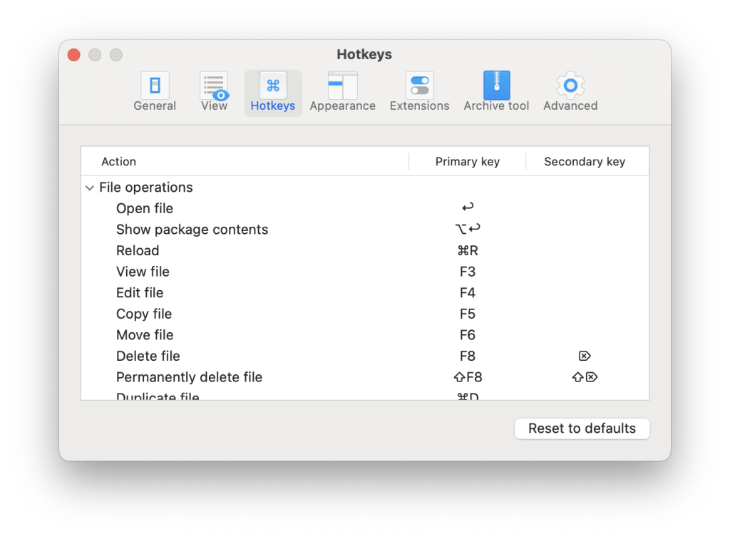 The Hotkeys tab The list of default hotkeys in Commander One