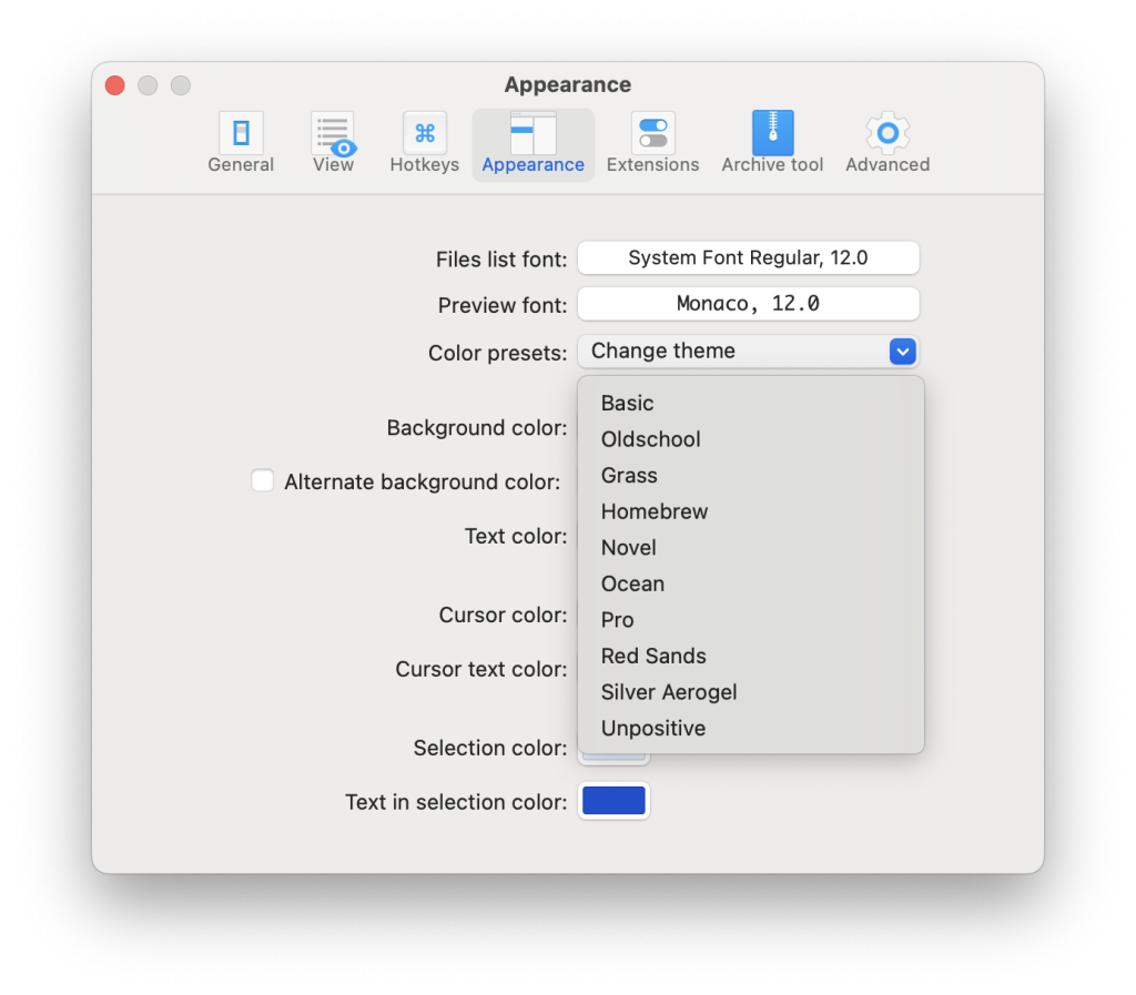 The Appearance tab Commander One’s customizable appearance window