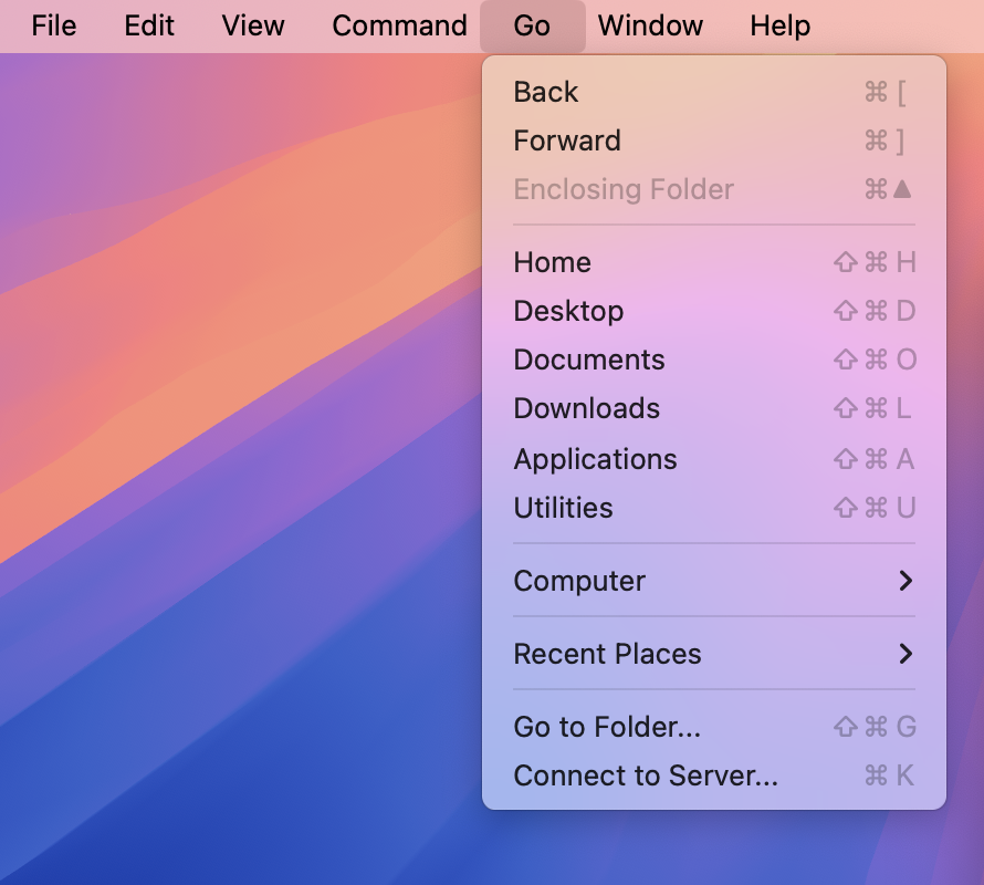 Go to folder Navigate to the main menu, choose Go, and then select Go to Folder
