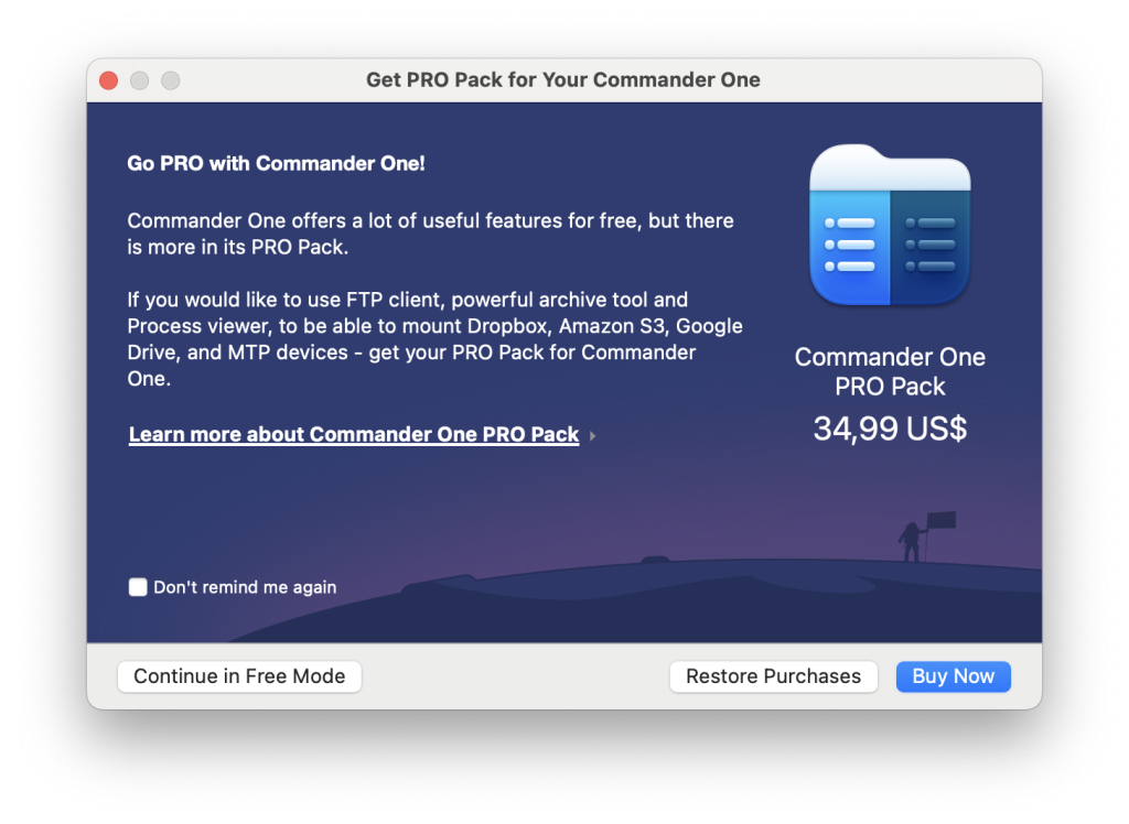 Launching Commander One Activate PRO Pack or continue in Free Mode
