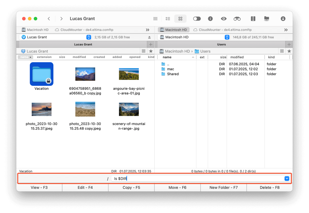 Built-in terminal of Commander One Enter the command in the lower pane’s command line