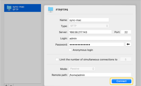 Filled fields for FTP server data
