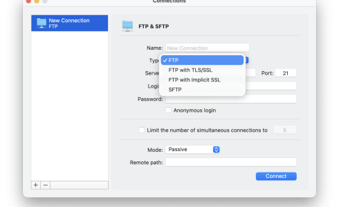 Choose your server type: FTP, FTP with TLS/SSL, FTP with Implicit SSL, or SFTP