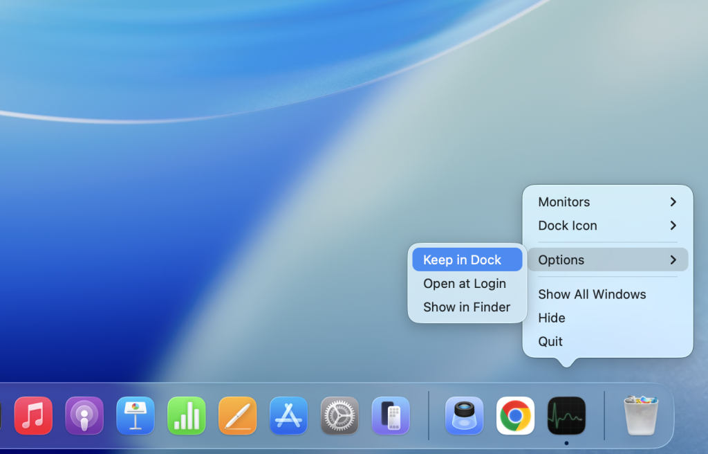 right-click the Activity Monitor icon in the Dock, choose Options, then click Keep in Dock.